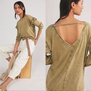 Anthropologie Pilcro Ruffled Open Back Top Ivory Ruffle Long Sleeve Sz Small NEW